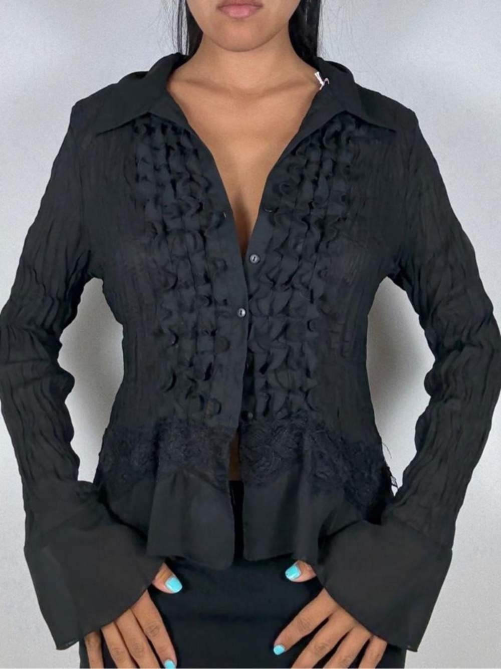 Y2k gothic Black ruffle button up blouse